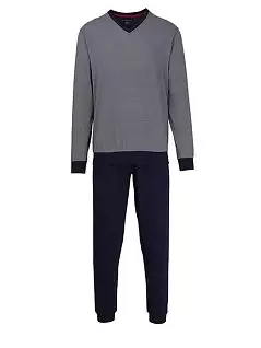 Хлопковая пижама (лонгслив с отделкой на горовине и брюки на манжетах) темно синего цвета BUGATTI RT56002/4008